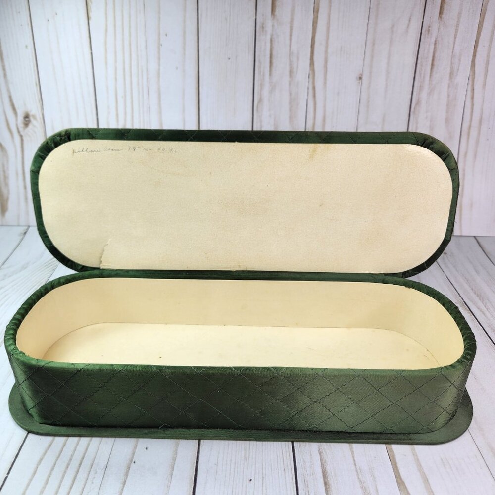 Quilted Green Satin Vanity Box Gloves Hankie Scarf Vintage 13.5 in *READ*